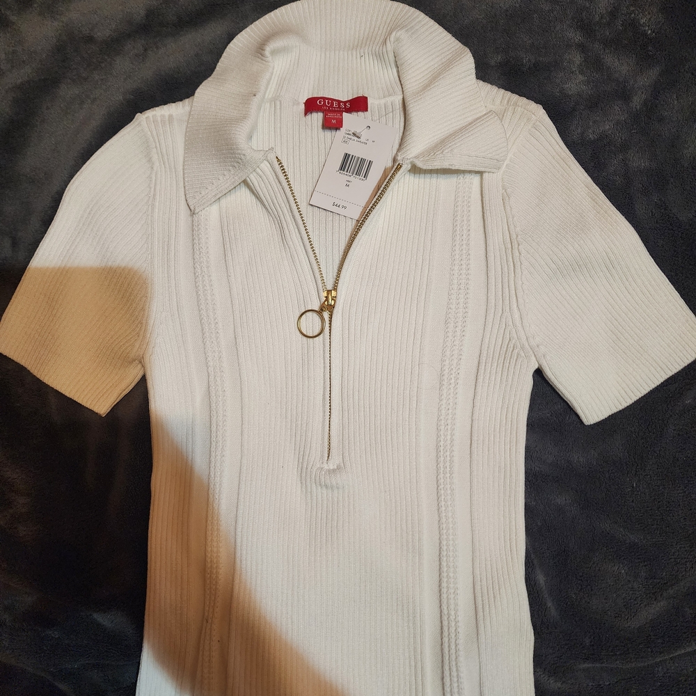 Guess Ivory Ribbed Zip-Up Top